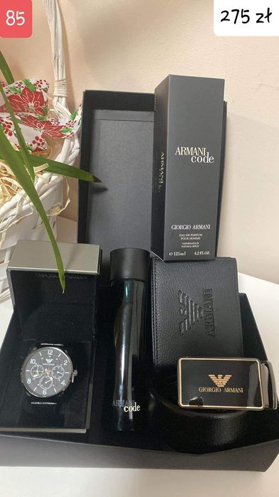 Męski zestaw portfel, pasek, zegarek, perfumy