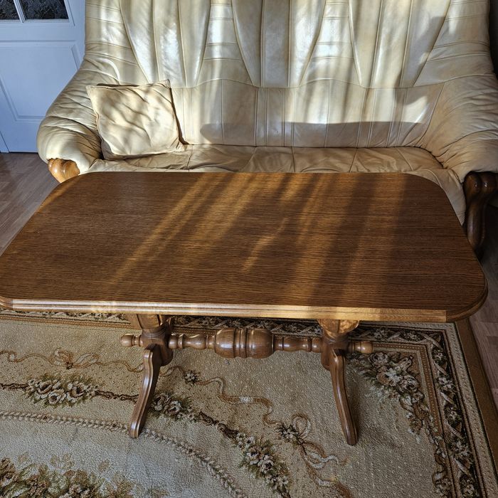 Elegancki komplet mebli wypoczynkowych – skóra + lite drewno