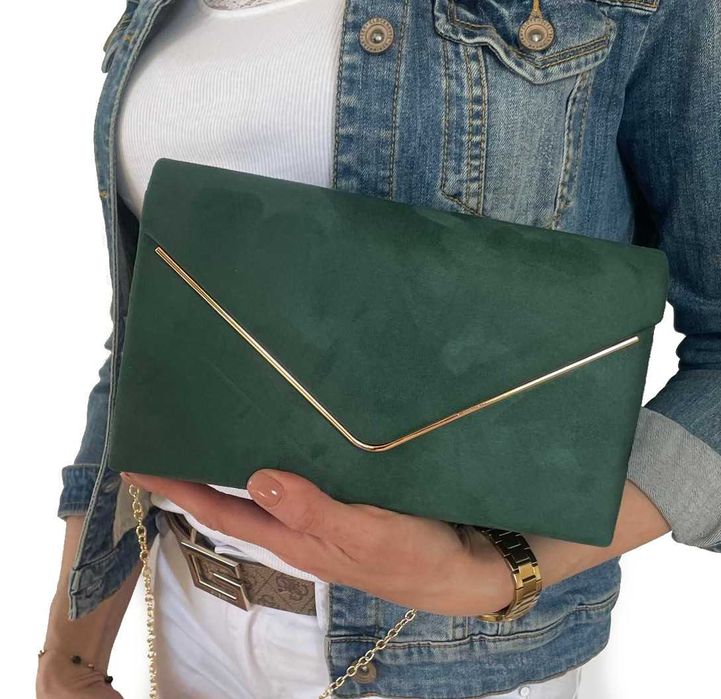 Wizytowa torebka kopertówka eko zamsz zielona butelkowa