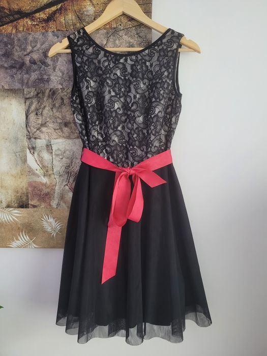 Czarna sukienka z różową kokardą Ette Lou M 38 na wesele na randkę