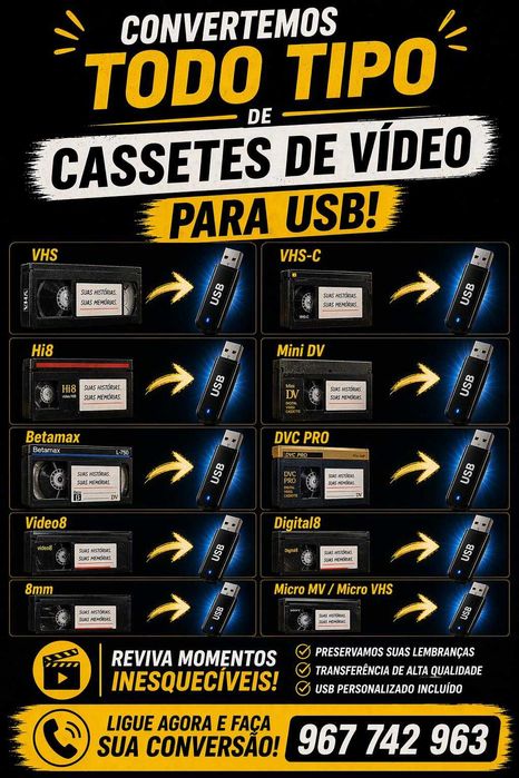 conversão de cassetes video para usb ou email desde 6,95