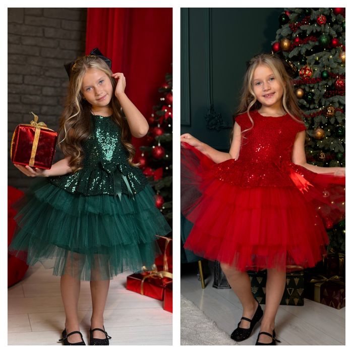 Святкова пишна новорічна сукня червоного, зеленого кольору
