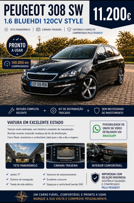 Peugeot 308 SW 1.6 BlueHDi 120cv — Histórico Completo • Teto Panorâmico • Câmara • Pronto a Usar