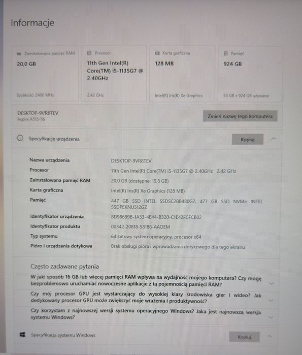 ACER Aspire 5 A515-56 - 20 GB RAM, 1 TB SSD,Stan idealny (jak nowy)