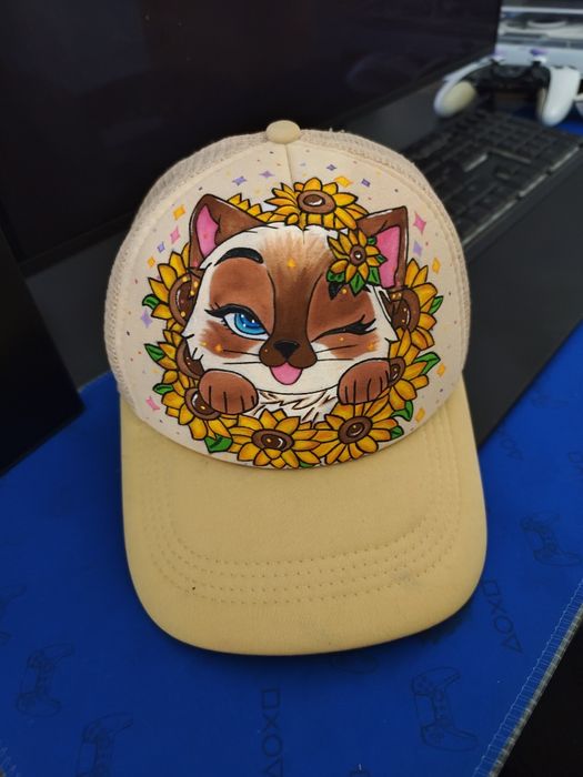 Boné personalizado com pintura - gato e girassois
