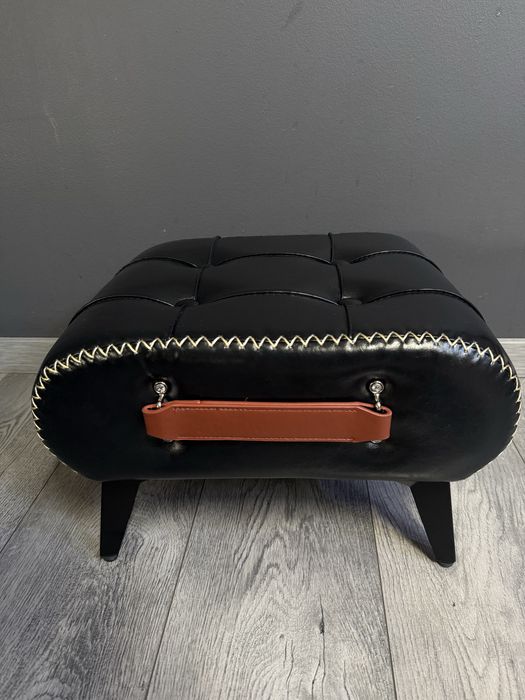 Premium Elegancka Pufa Skórzana Czarna Podnóżek Nowa