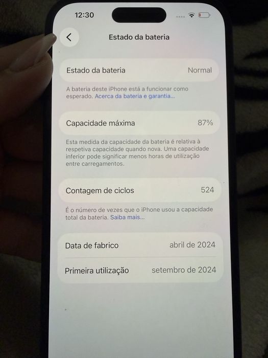 iphone 15 128GB estado da bateria 87%