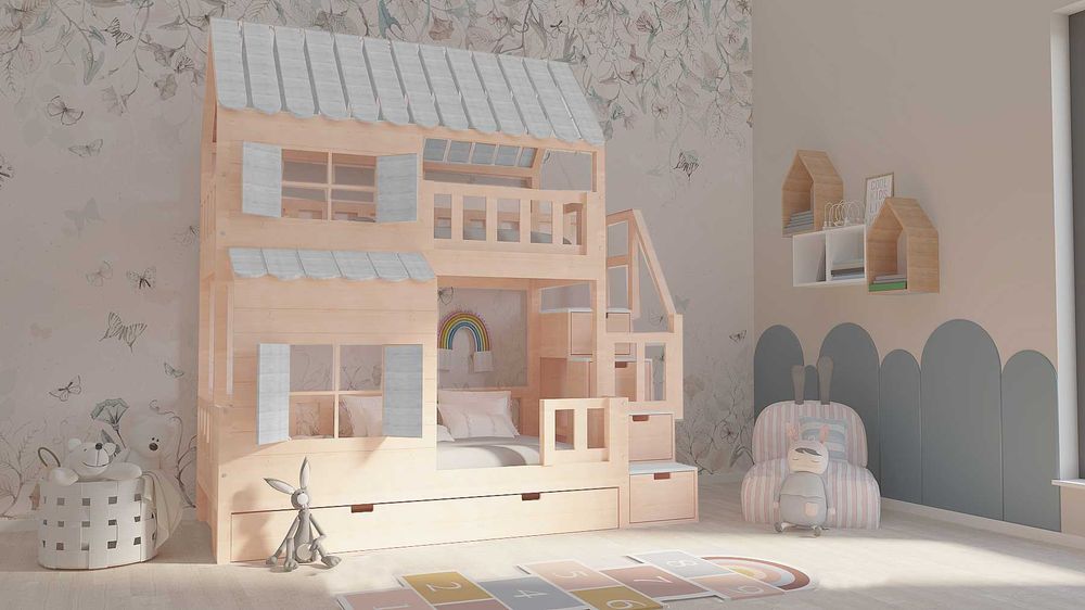 Łóżko piętrowe domek ze schodami