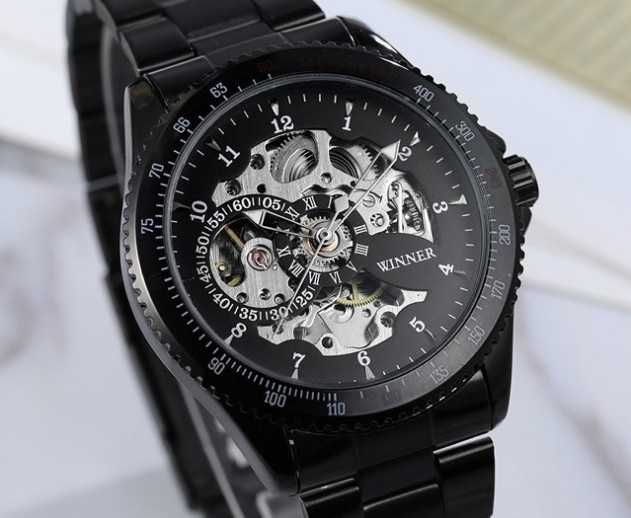 Механічний чоловічий наручний годинник мужские черные часы Skeleton 1