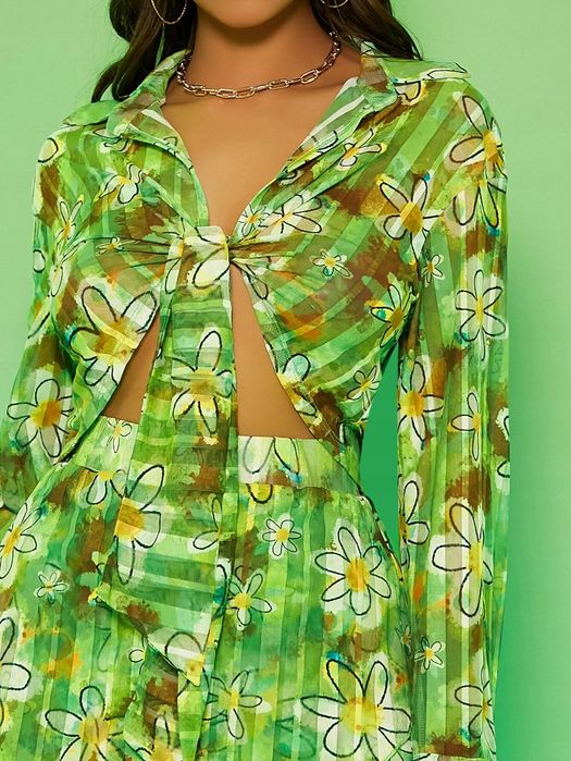 Bluzka Koszulowa Boho Transparentna W Kwiaty S 36