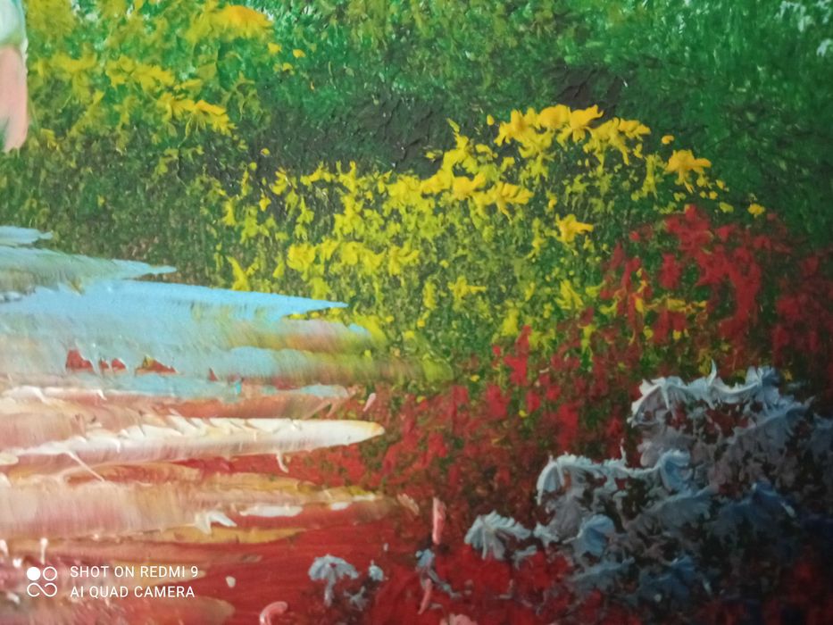 Quadro com tela texturada - moldura em mogno e veio dourado