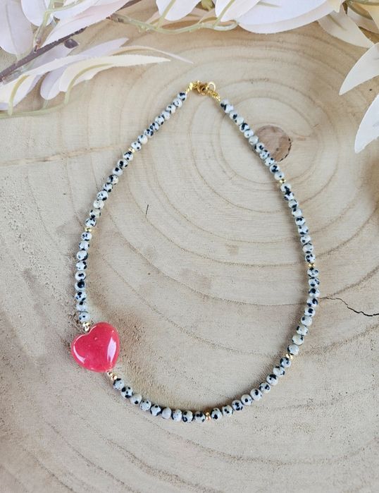 Naszyjnik Choker Kamienie Naturalne Jaspis Dalmatyński Serce Jadeit