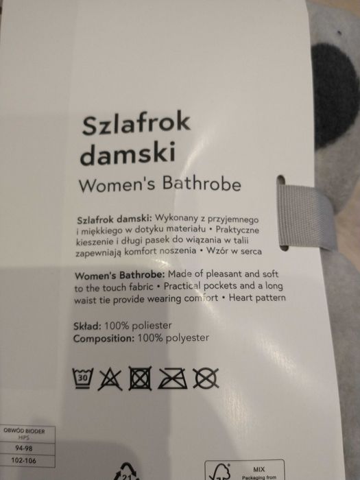 Szlafrok damski rozmiar L/XL szary w czarne serduszka