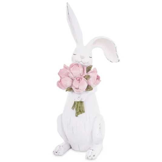 Zając Królik biały z bukietem różowych tulipanów h45cm. 165977