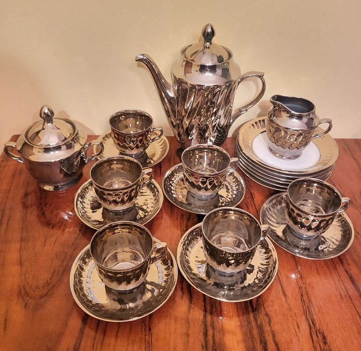 Serwis kawowy szkło dymione posrebrzane vintage