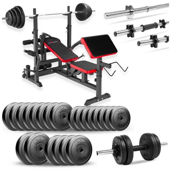 Zestaw kulturystyczny 120kg ławka do ćwiczeń gryf prosty hantle