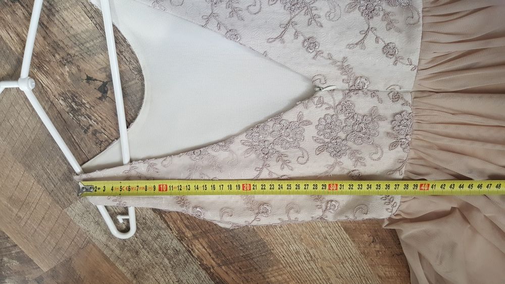 Sukienka jasna wesele bal beżowa tiul koronka S