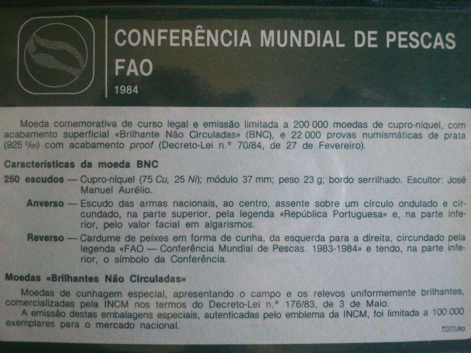 Conferência Mundial das Pescas FAO 1984, moeda 250$00 bnc, c/ carteira