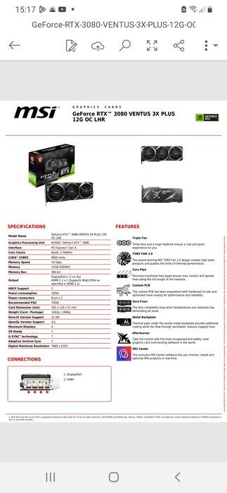 Nova GPU Placa Gráfica MSI GeForce RTX 3080 Ventus 3X 10G OC LHR