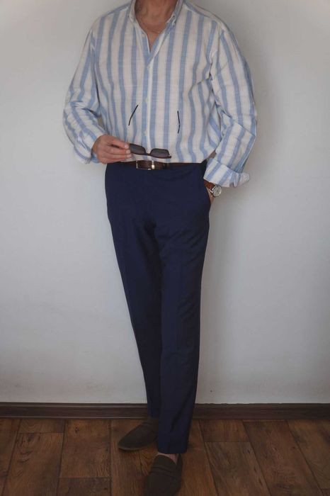 Letnia Koszula Slim Fit Smog w Błękitne Paski | Rozmiar L | Stan Idealny