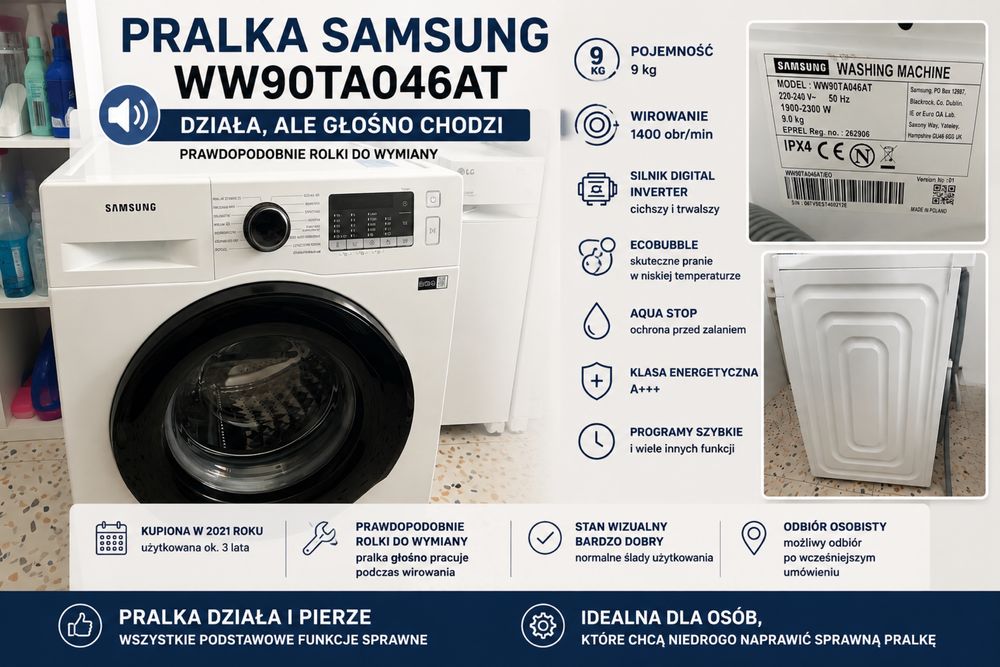 Pralka Samsung EcoBubble 9 kg - 3 lata używana, wyglada jak Nowa
