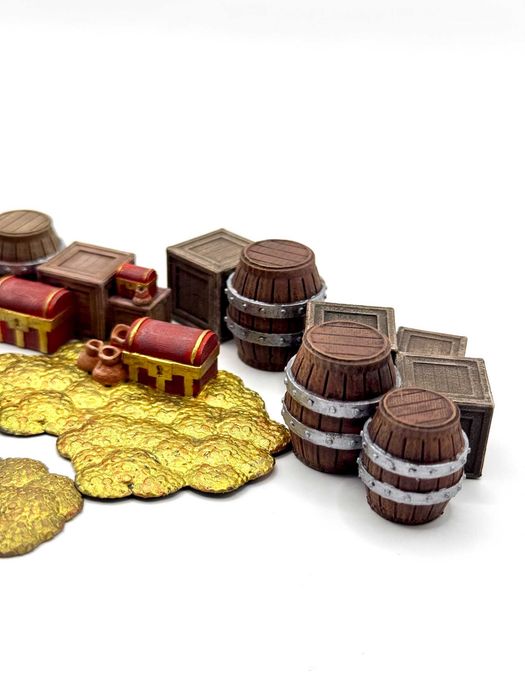 Zestaw skarbów i skrzyń fantasy RPG/DnD – wydruk 3D, ręcznie malowane 28mm
