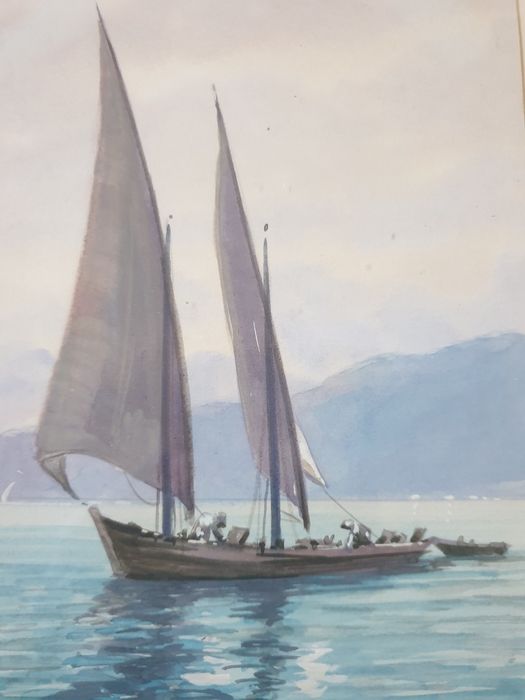 Aguarela com paisagem do lago de Génova com veleiro-assinado