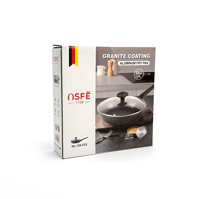 Сковорода OSFE OS-F22, 22 см, з гранітним покриттям і кришкою. Чорна (OS-F22)