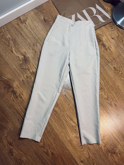 Zara xs 34 ecru spodnie eleganckie jasne w kantke