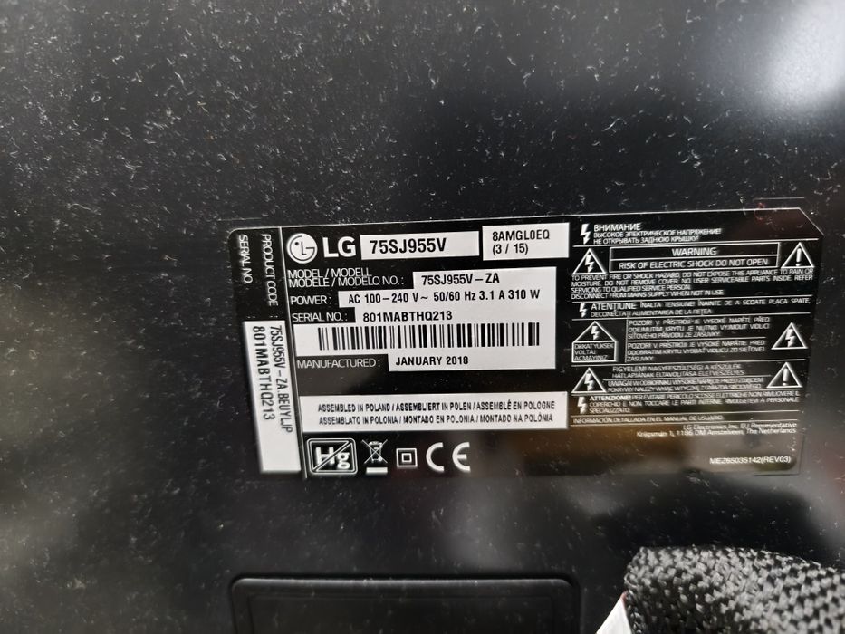 Televisão LG 75Pol. 75SJ955V. Para Reparação ou Peças