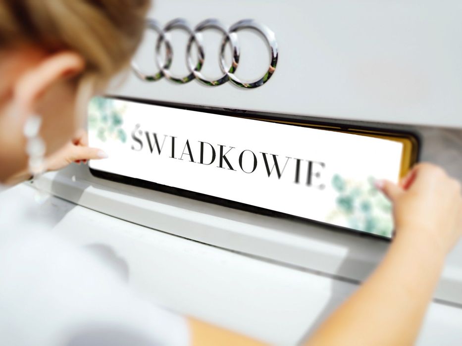 Eukaliptusowe personalizowane ślubne tablice rejestracyjne greenery