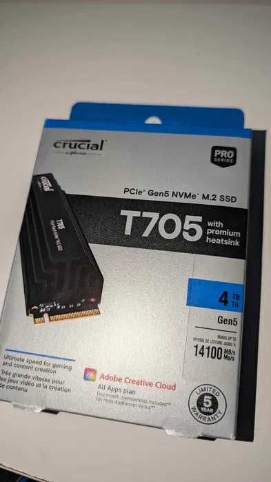 Dysk Crucial T705 4TB PCIe 5 NVMe + Premium Heatsink (14500 MB/s) | NOWY 0h