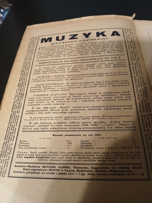 Muzyka miesięcznik pod redakcją Mateusza Glińskiego 20 stycznia 1928r.