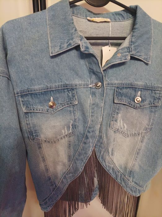 Kurtka blue jeansowa oversize frędzle