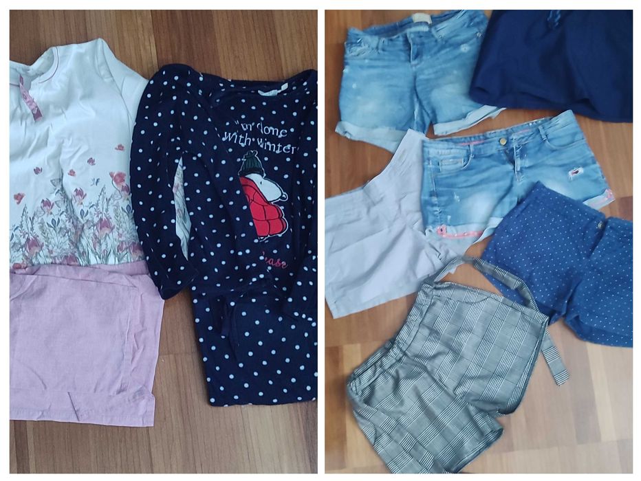 Roupa de senhora diversa, calças, macacões, t-shirts, casacos, fatos de banho