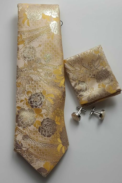 Elegancki Zestaw Krawat Poszetka Spinki Wesele - 3295