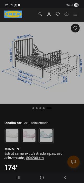 Cama extensível MINNEN 80cm×200 está completamente nova 
Estrut cama ext c/estrado ripas, azul acinzentado, 80x200 cm
174€