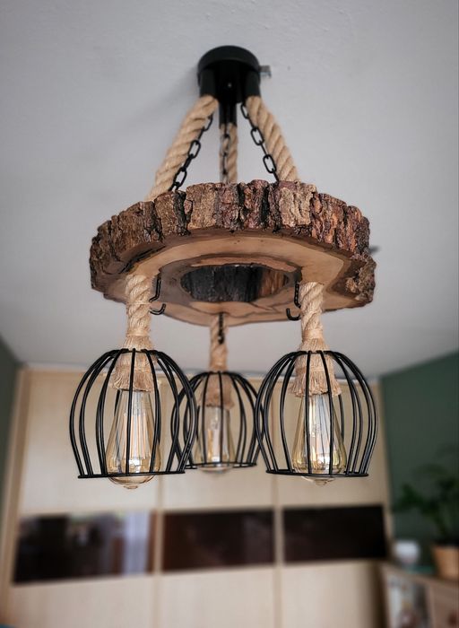 Lampa wisząca z drzewa orzechowego sznur jutowy Loft Handmade