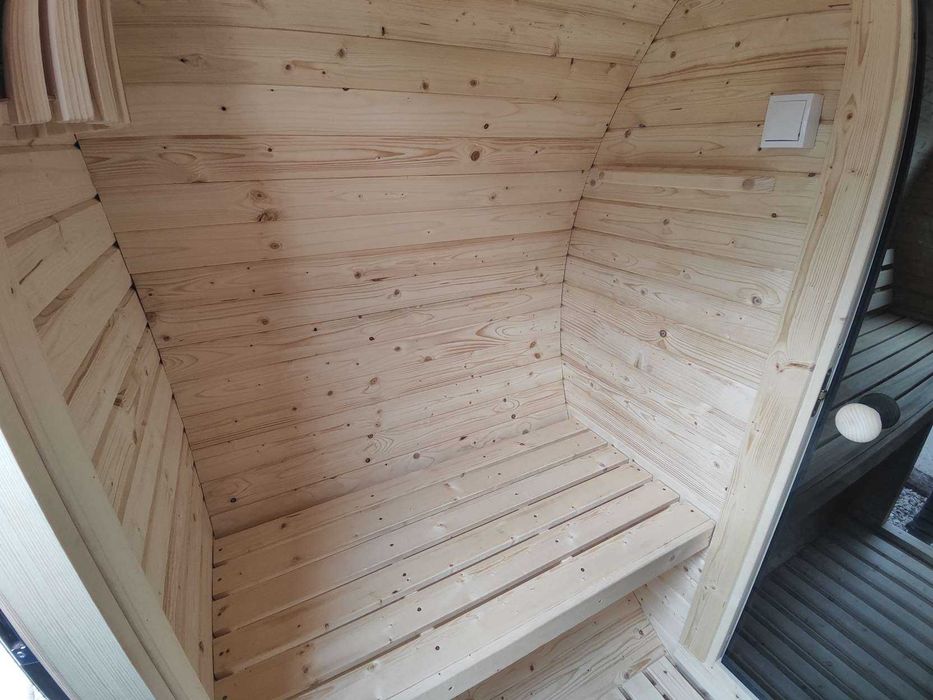 Sauna ogrodowa Beczka 250cm, Ławy + Oparcia Abachi, Szybka Realizacja