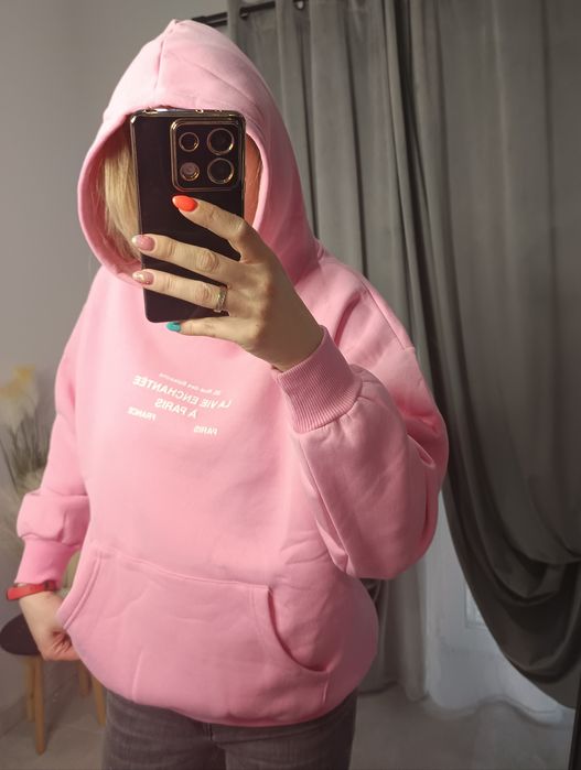 Bluza damska oversize z kapturem kieszeń kangurka pudrowy róż