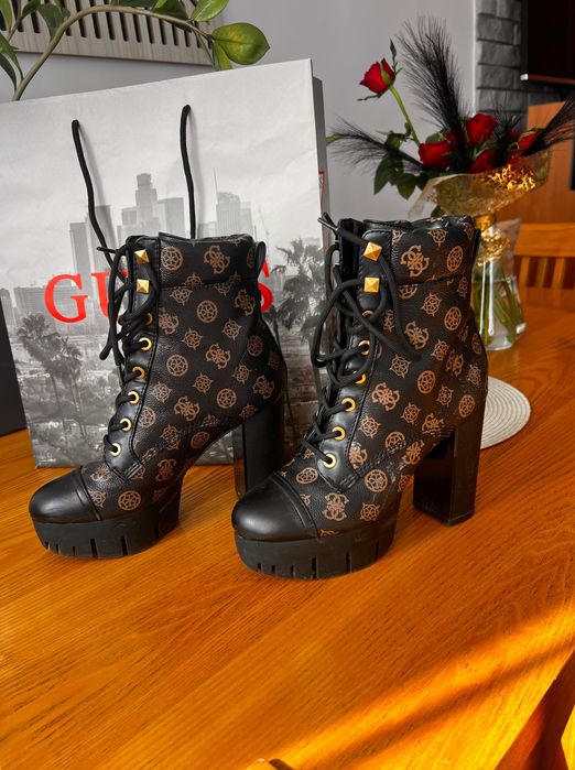 Oryginalne buty botki guess 38 sznurowane obcas słupek brązowe czarne