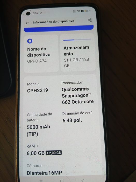 OPPO A74 128GB / 6GB RAM – Bom estado
