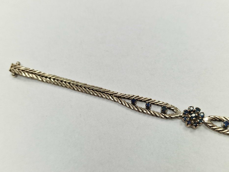 Złota bransoletka damska/ 585/ 14.94 gram/ 19cm/ 15x Szafir/ białe zło