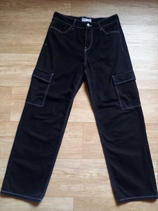 Bershka cargo bojówki wysoki stan czarne denim 40 L 38 M