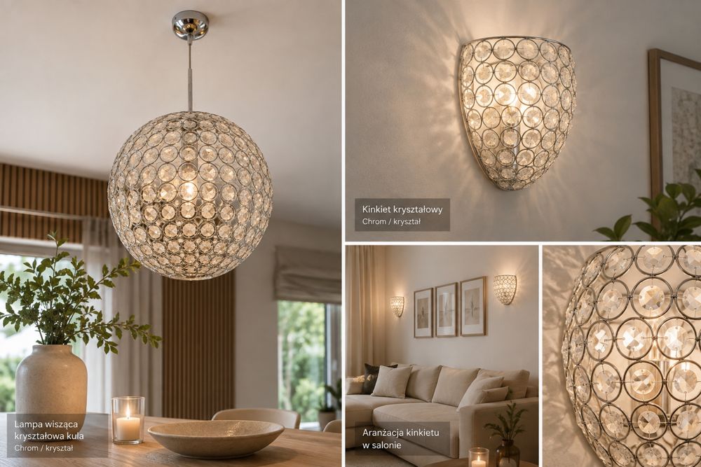 Zestaw lamp, Lampa krysztalowa kula duża, dwa kinkiety kryształowe, mniejsza kula GRATIS. Dodatkowo  lampa stalowa,