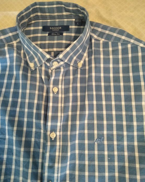 2 camisas Sacoor - amarela e padrão quadrados - exc. estado - tam. L