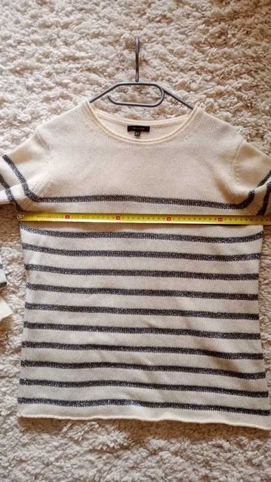 Sweter Massimo Dutti M 38 z wełną pasy paski srebrna nitka  biały ecru