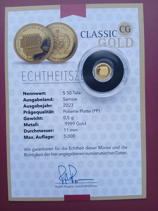 Золотая монета 999.9 пробы Весом 0,5 грамм