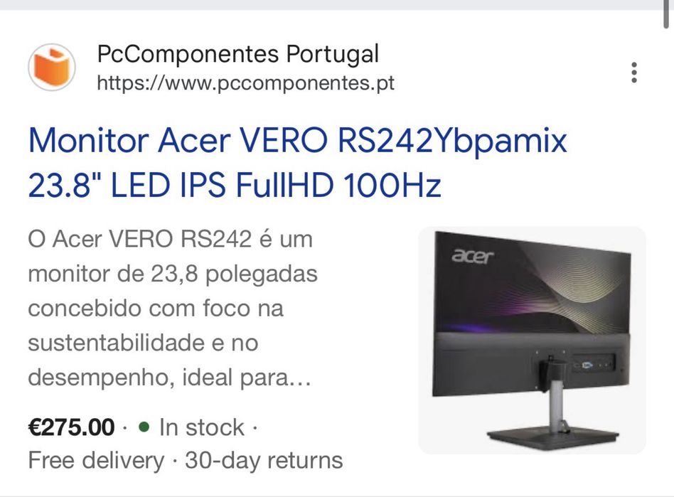 Vendo Monitor Acer Vero RS242ybpamix 23.8 led full HD - estado novo (motivo: saída do país)