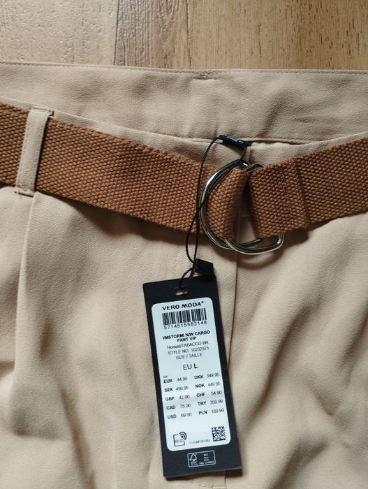 Spodnie beżowe Vero Moda L bojówki szerokie wide leg nowe pasek parciany
